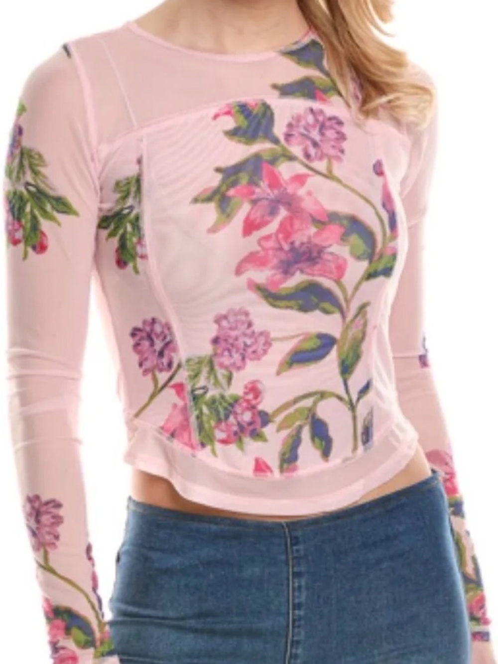 Free People Pink Floral Mesh Long Sleeve Tee